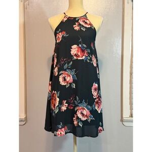 Everly Black Floral Halter Shift Dress Women's Small Boho Romantic Cottagecore